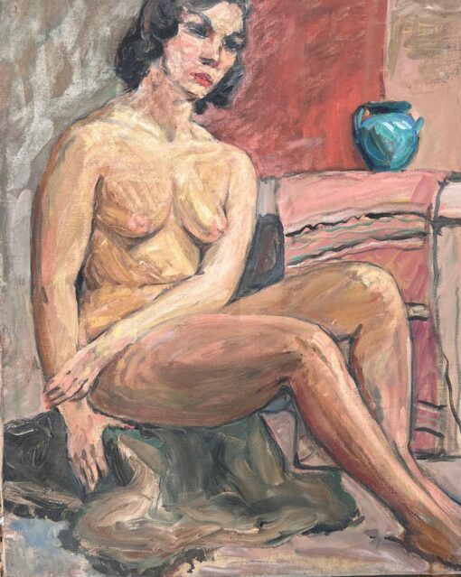 Nude Lady Posed On Stall With A Blue Terracotta Pot French Mid Century Painting - Image 2