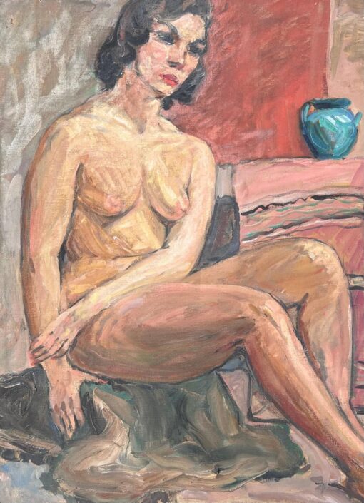Nude Lady Posed On Stall With A Blue Terracotta Pot French Mid Century Painting