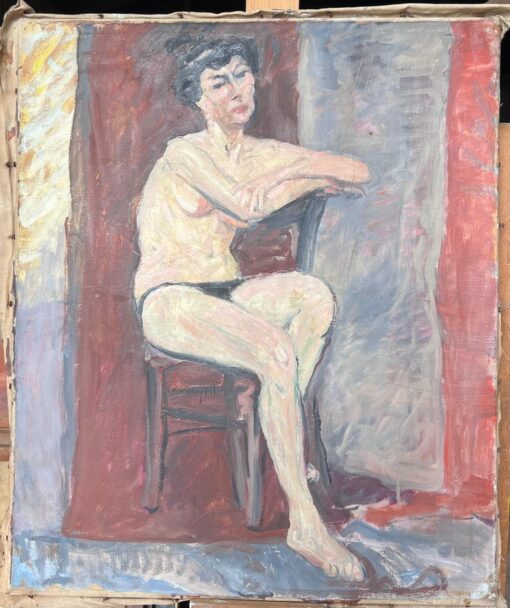 Portrait of a Nude Lady Posed On Chair Down French Mid Century Painting - Image 2