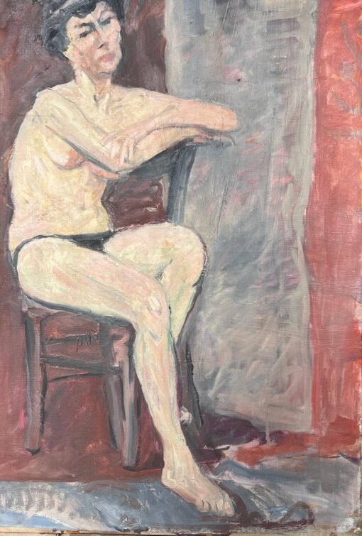 Portrait of a Nude Lady Posed On Chair Down French Mid Century Painting - Image 3