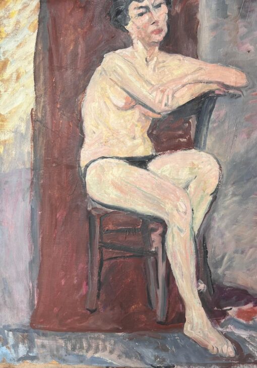Portrait of a Nude Lady Posed On Chair Down French Mid Century Painting - Image 4