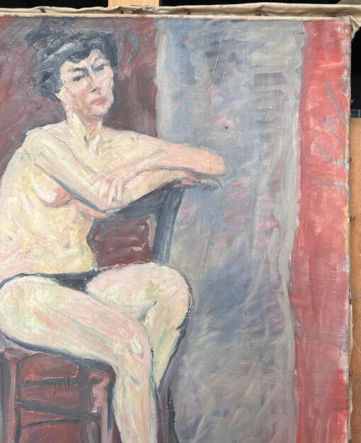 Portrait of a Nude Lady Posed On Chair Down French Mid Century Painting - Image 5