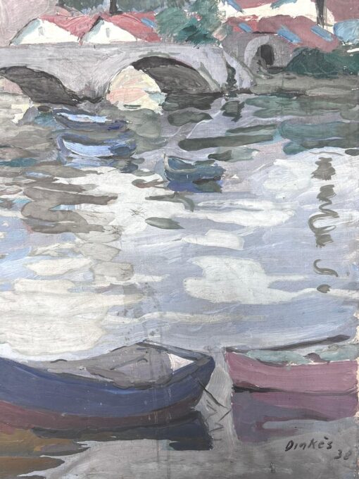 Grey Stone Bridge Arch Bridge Boat Canal French Impressionist Painting - Image 3