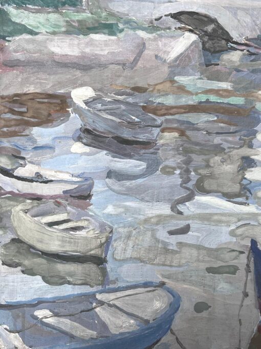 Grey Stone Bridge Arch Bridge Boat Canal French Impressionist Painting - Image 4