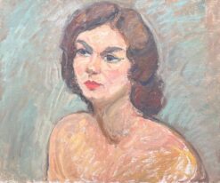 Portrait of a Brunette Nude Lady with Blue Eyeliner Mid Century French Painting