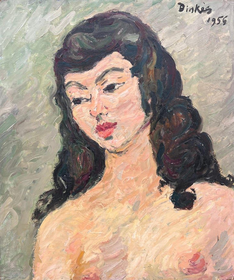 Nude Portrait of A Female with Black Hair and Bold Features French Painting