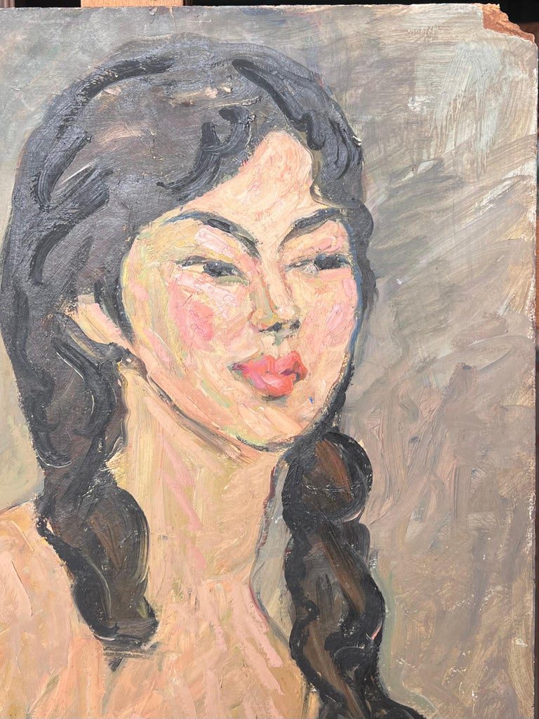 Nude Portrait of A Female with Black Curly Hair Mid Century French Painting - Image 3