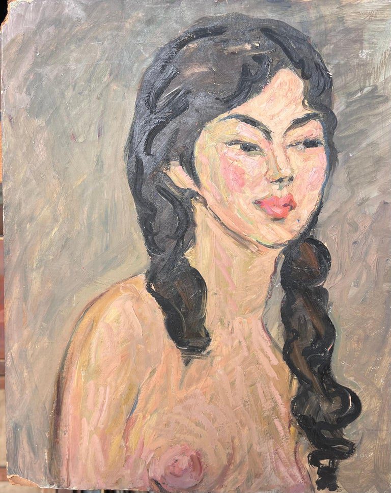 Nude Portrait of A Female with Black Curly Hair Mid Century French Painting - Image 5