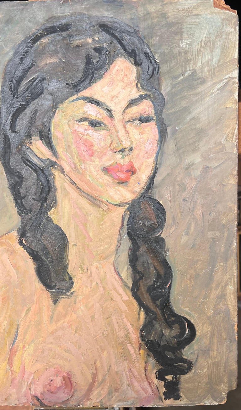 Nude Portrait of A Female with Black Curly Hair Mid Century French Painting - Image 6