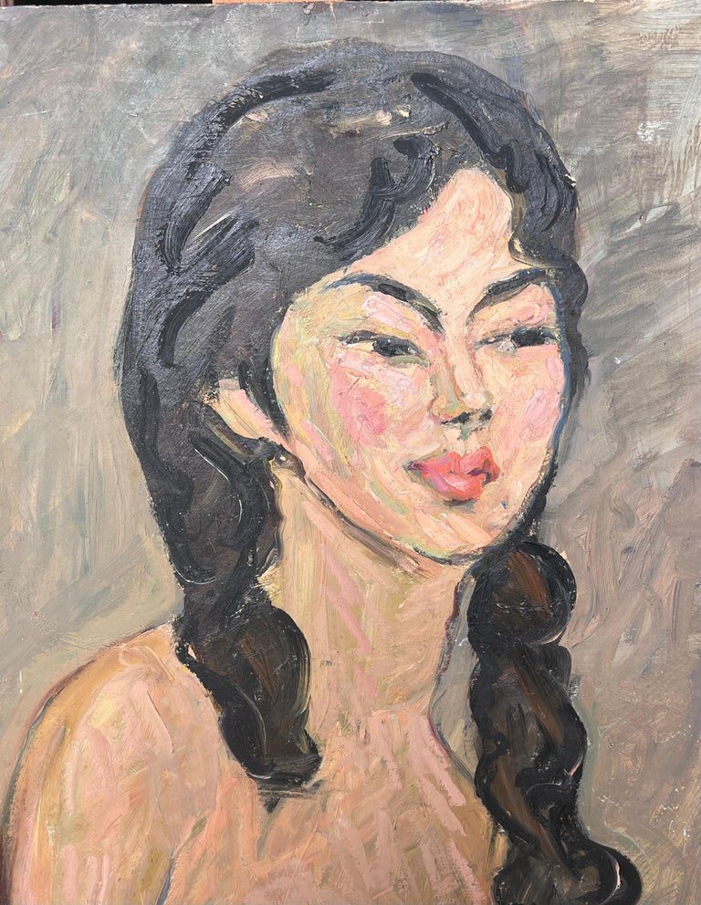 Nude Portrait of A Female with Black Curly Hair Mid Century French Painting - Image 7