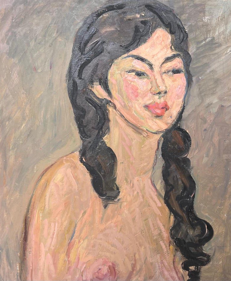 Nude Portrait of A Female with Black Curly Hair Mid Century French Painting