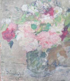 Pink White & Red Roses In Clear Glass Vase Mid Century French Impressionist Oil