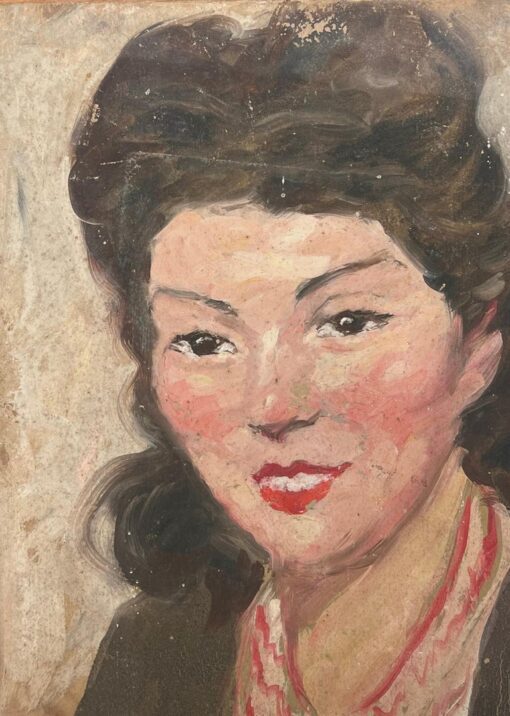 Mid Century French Impressionist Signed Oil Portrait Woman in Red Necklace - Image 4