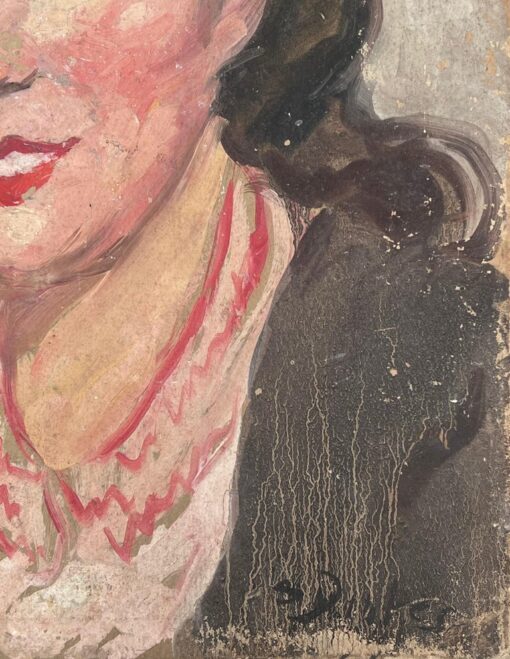 Mid Century French Impressionist Signed Oil Portrait Woman in Red Necklace - Image 6