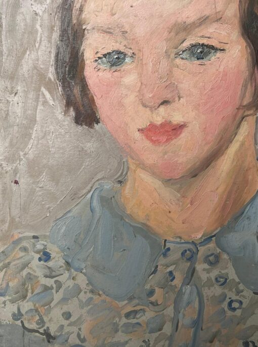 1930's French Impressionist Oil Portrait of Young Lady Pretty Blue Blouse - Image 4