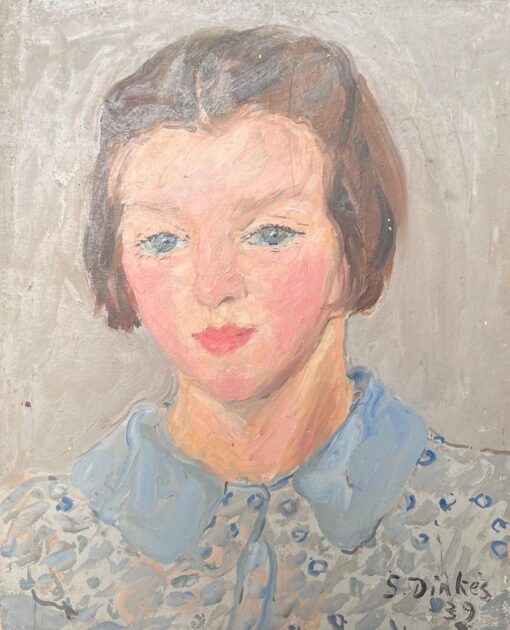 1930's French Impressionist Oil Portrait of Young Lady Pretty Blue Blouse - Image 8