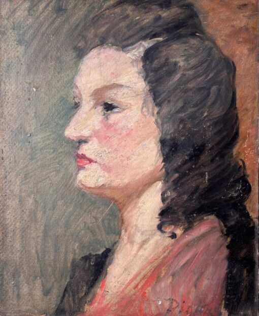 Mid Century French Impressionist Painting Side Profile Portrait of a Chic Lady - Image 2