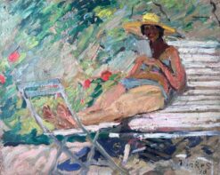 Mid Century French Impressionist Painting Lady Sunbathing Reading In The Garden