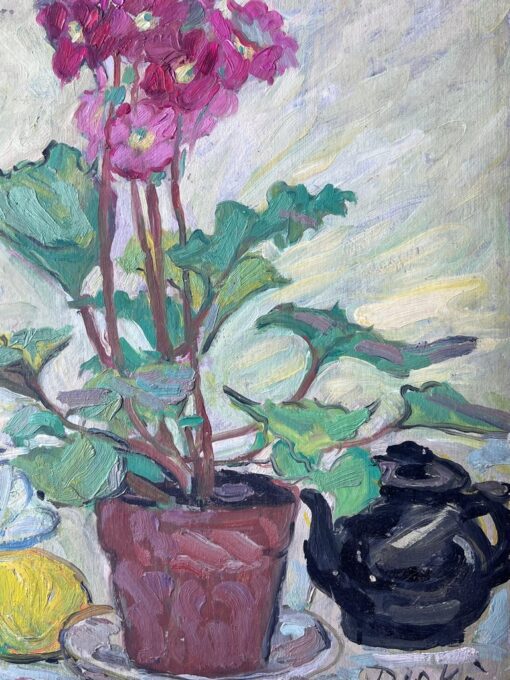 Pink Flowers In Plant Pot Kitchen Interior Mid Century French Painting - Image 4