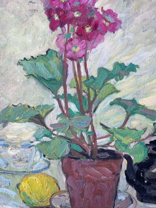 Pink Flowers In Plant Pot Kitchen Interior Mid Century French Painting - Image 7