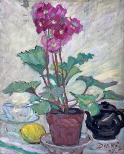 Pink Flowers In Plant Pot Kitchen Interior Mid Century French Painting
