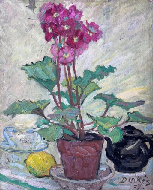 Pink Flowers In Plant Pot Kitchen Interior Mid Century French Painting