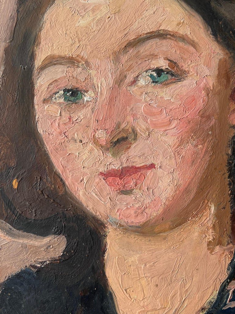 Mid Century Impressionist Painting Portrait of a Green Eyed Brunette Lady - Image 3