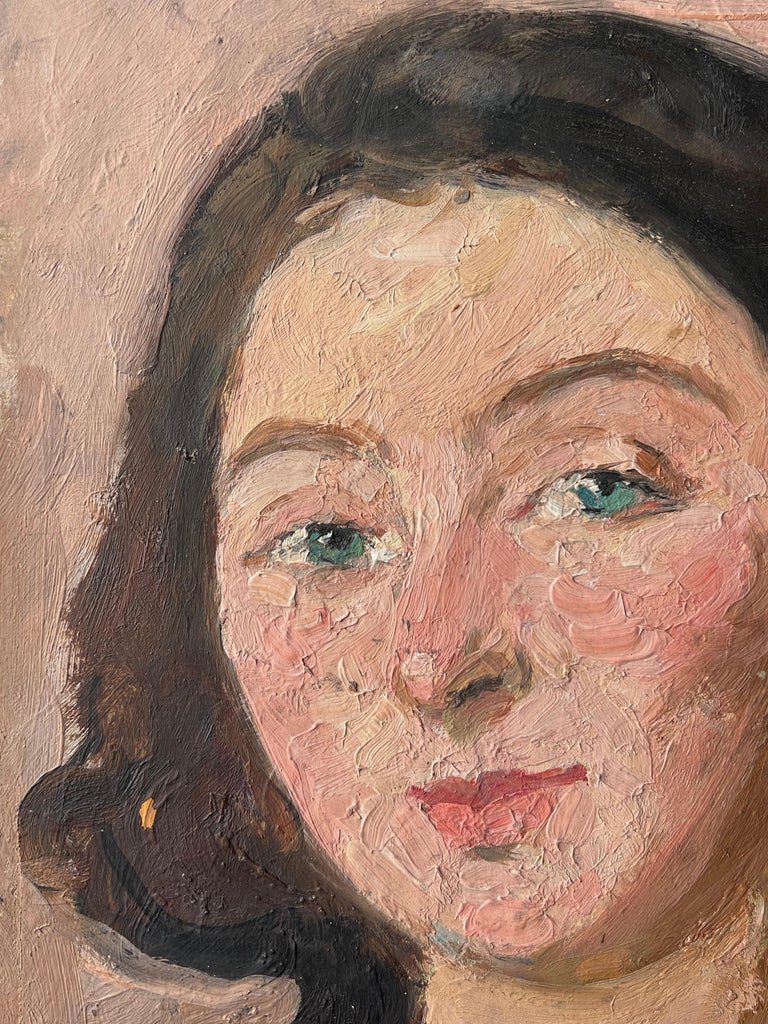 Mid Century Impressionist Painting Portrait of a Green Eyed Brunette Lady - Image 4