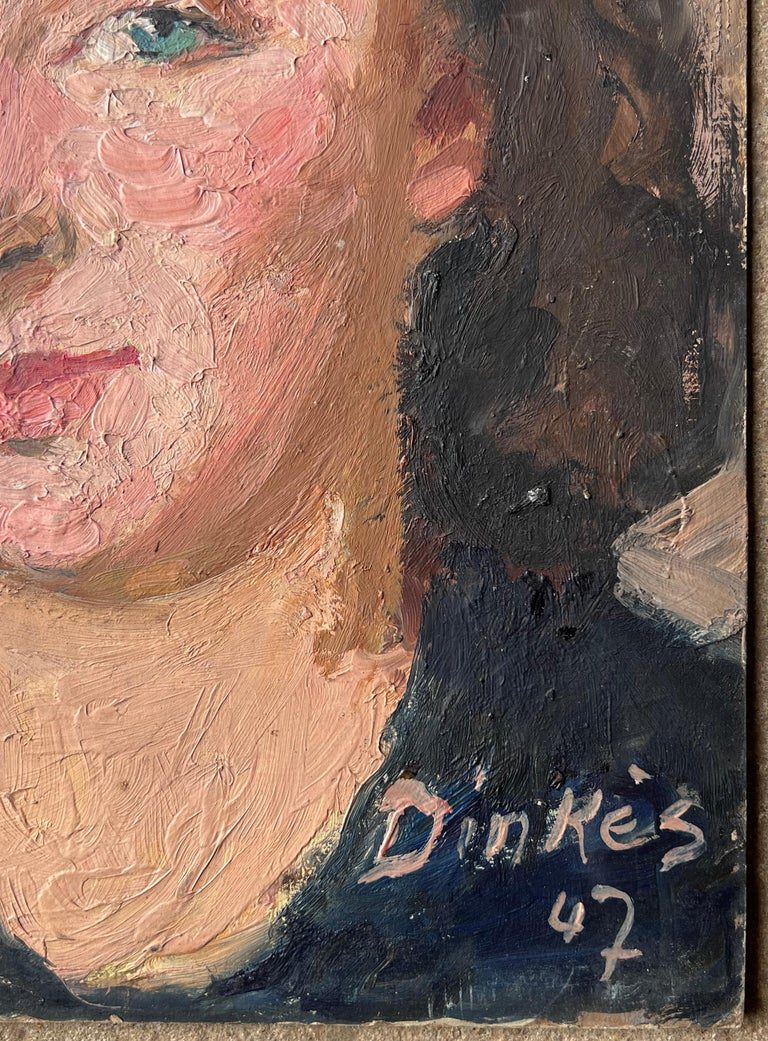 Mid Century Impressionist Painting Portrait of a Green Eyed Brunette Lady - Image 6