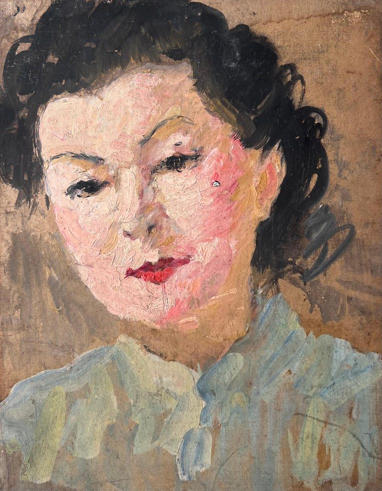 Mid Century Impressionist Painting Portrait of a Green Eyed Brunette Lady - Image 7