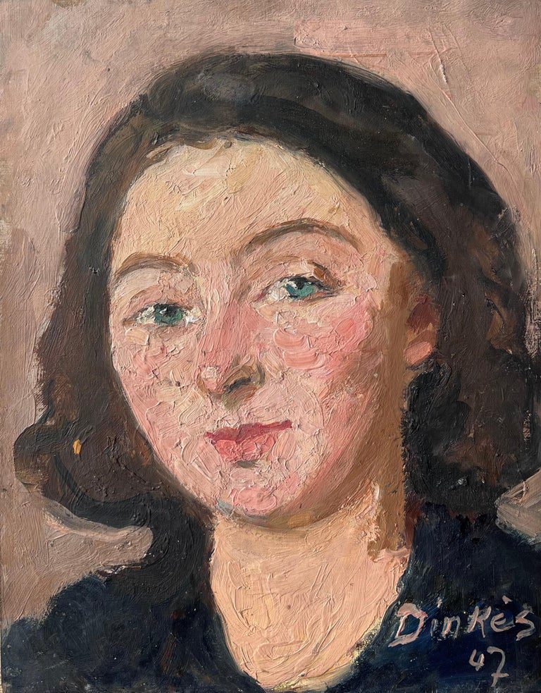 Mid Century Impressionist Painting Portrait of a Green Eyed Brunette Lady