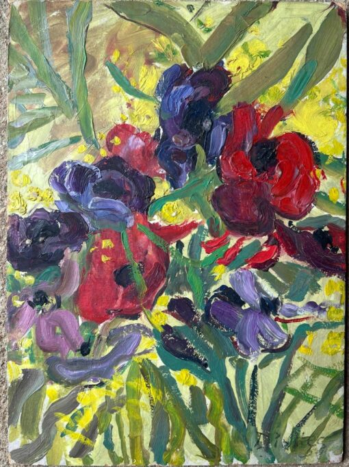 Purple & Red Plant In a Yellow Room Mid Century French Impressionist Painting - Image 5