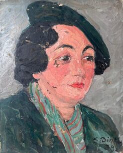 Mid Century Impressionist Painting Stylish Lady in Green Wearing a Green Beret