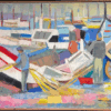 Huge Mid 20th Century French Cubist Signed Oil Fisherman with Boats Harbor Quay