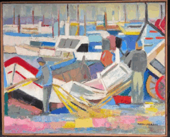Huge Mid 20th Century French Cubist Signed Oil Fisherman with Boats Harbor Quay