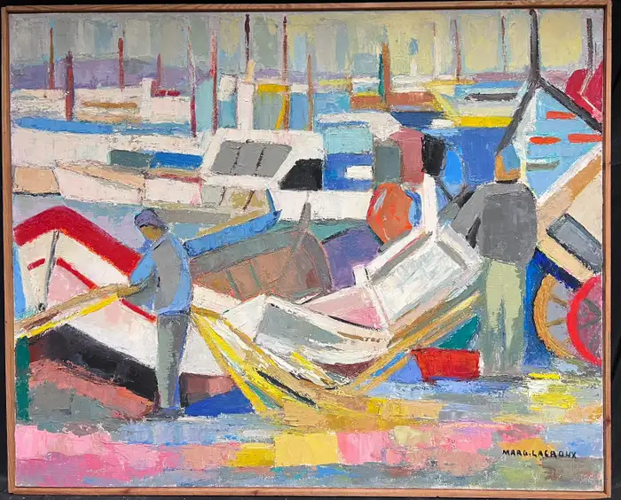 Huge Mid 20th Century French Cubist Signed Oil Fisherman with Boats Harbor Quay