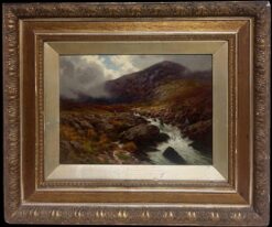 Antique Scottish Highlands River Misty Landscape Signed Oil Anglers by River