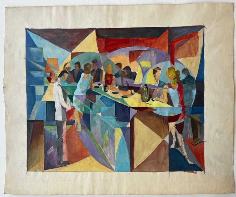 Evening Bar Scene French Modernist Cubist Gouache by Guy Nicod - Image 2