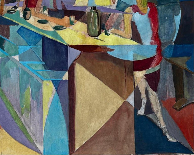 Evening Bar Scene French Modernist Cubist Gouache by Guy Nicod - Image 3