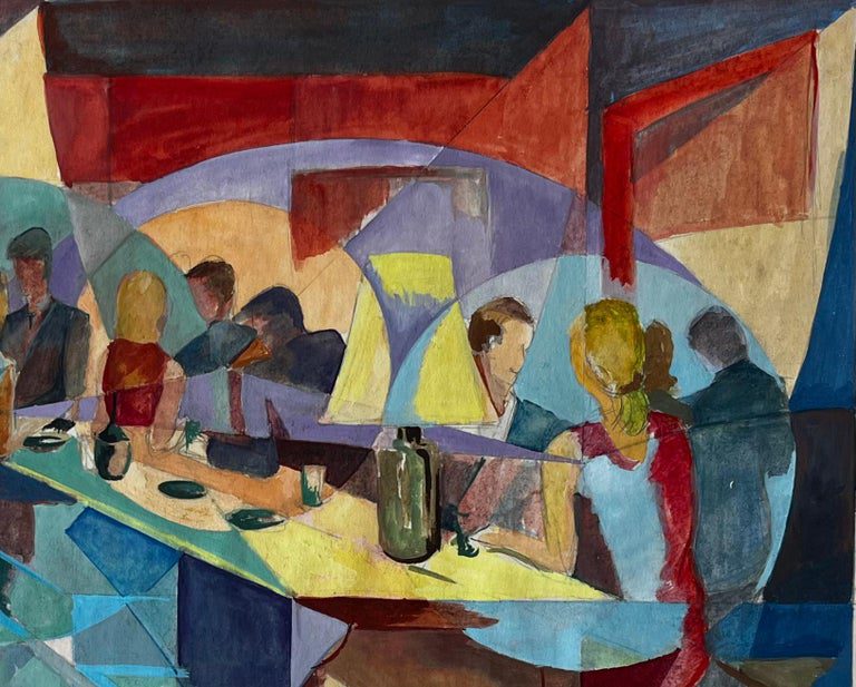 Evening Bar Scene French Modernist Cubist Gouache by Guy Nicod - Image 4