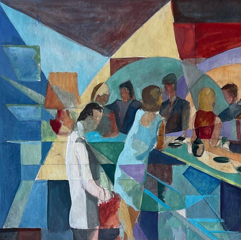 Evening Bar Scene French Modernist Cubist Gouache by Guy Nicod - Image 5