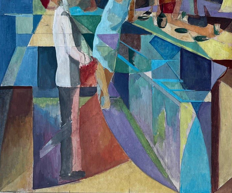 Evening Bar Scene French Modernist Cubist Gouache by Guy Nicod - Image 6