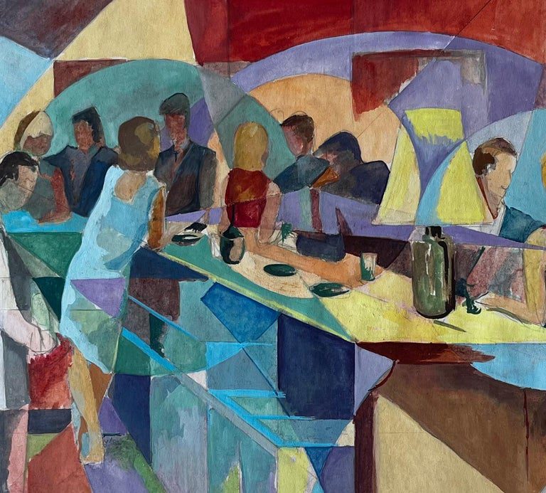 Evening Bar Scene French Modernist Cubist Gouache by Guy Nicod - Image 7