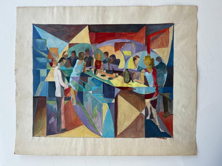 Evening Bar Scene French Modernist Cubist Gouache by Guy Nicod - Image 8