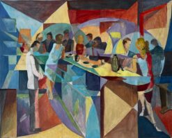 Evening Bar Scene French Modernist Cubist Gouache by Guy Nicod