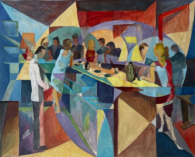 Evening Bar Scene French Modernist Cubist Gouache by Guy Nicod