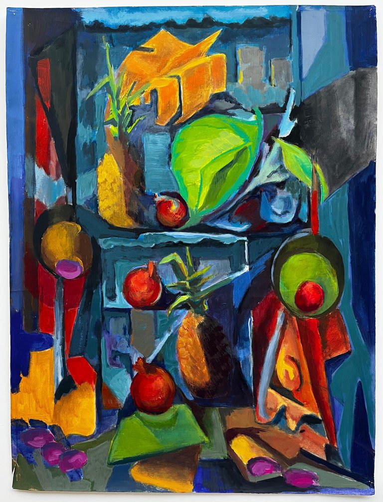 Pineapple Pomegranates Fruit Display with Leaves Shelves Modernist Still Life - Image 2