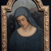 19th Century Portrait of Pensive Madonna Blue Veil Pre-Raphaelite Oil Painting