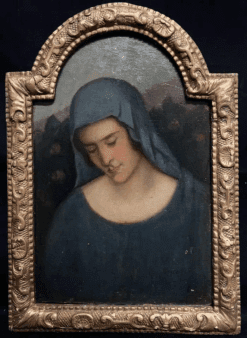19th Century Portrait of Pensive Madonna Blue Veil Pre-Raphaelite Oil Painting