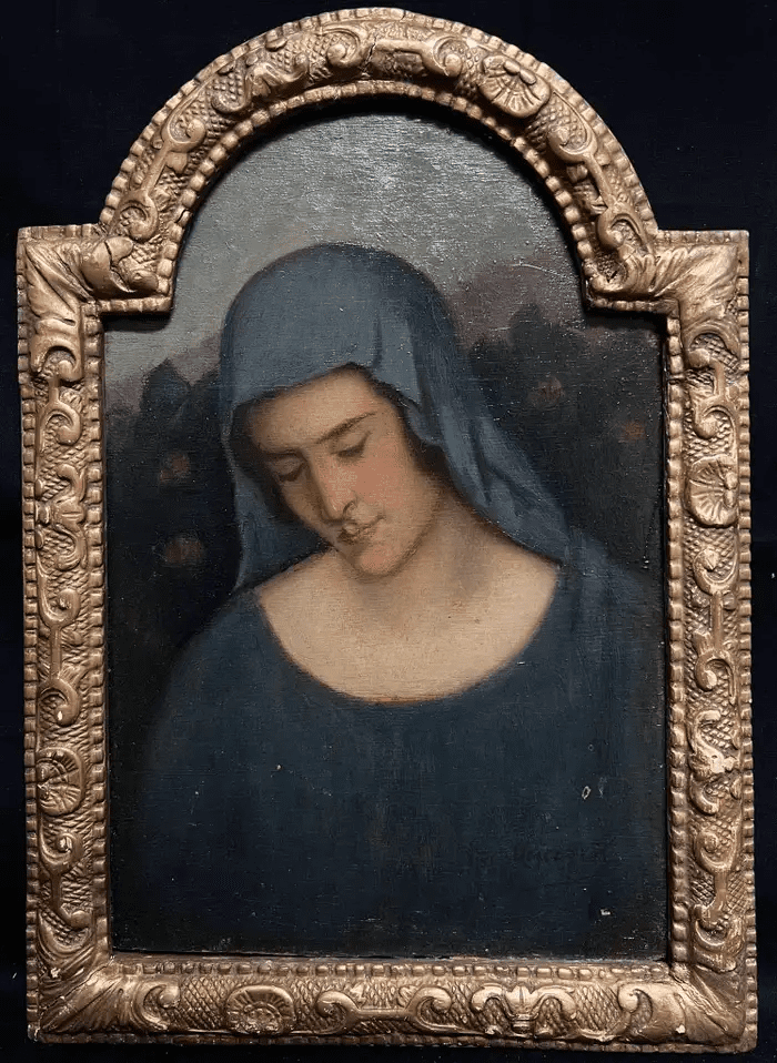 19th Century Portrait of Pensive Madonna Blue Veil Pre-Raphaelite Oil Painting